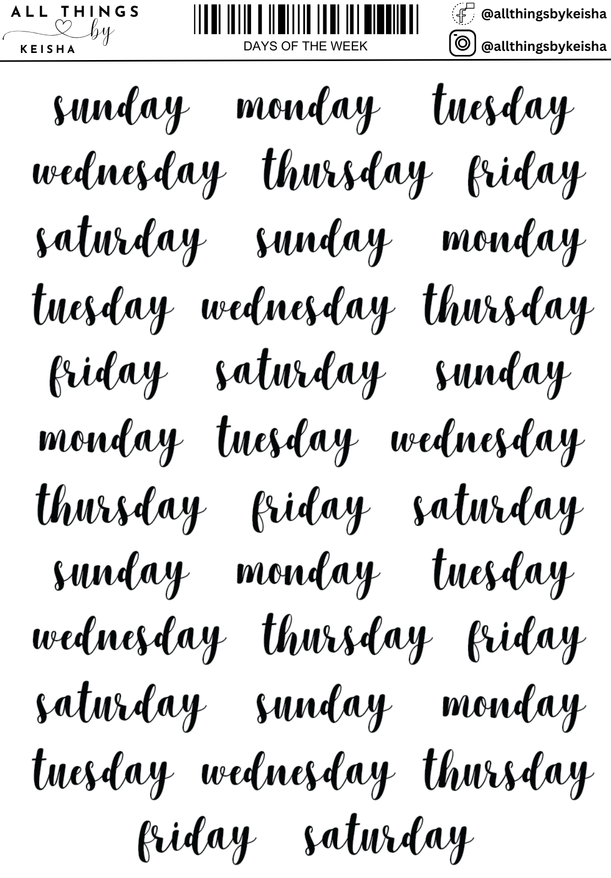DAYS OF THE WEEK SCRIPT STICKERS – ALL THINGS BY KESHA: Planner ...