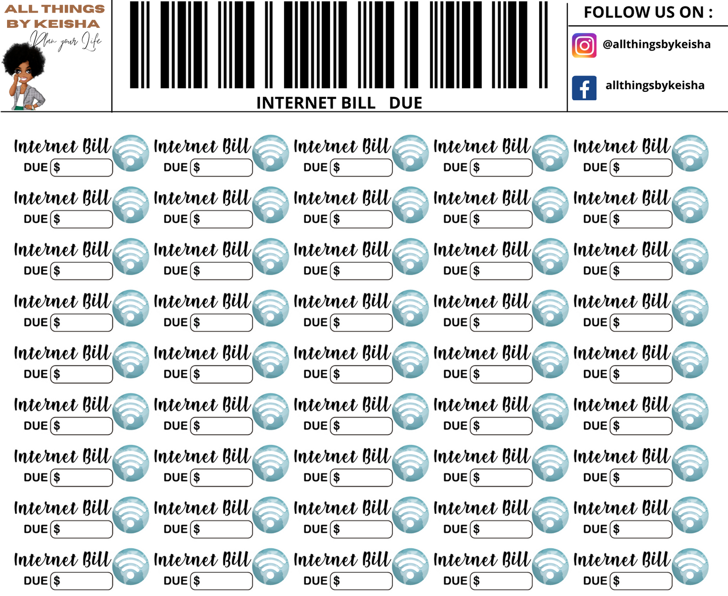 INTERNET BILL DUE STICKERS